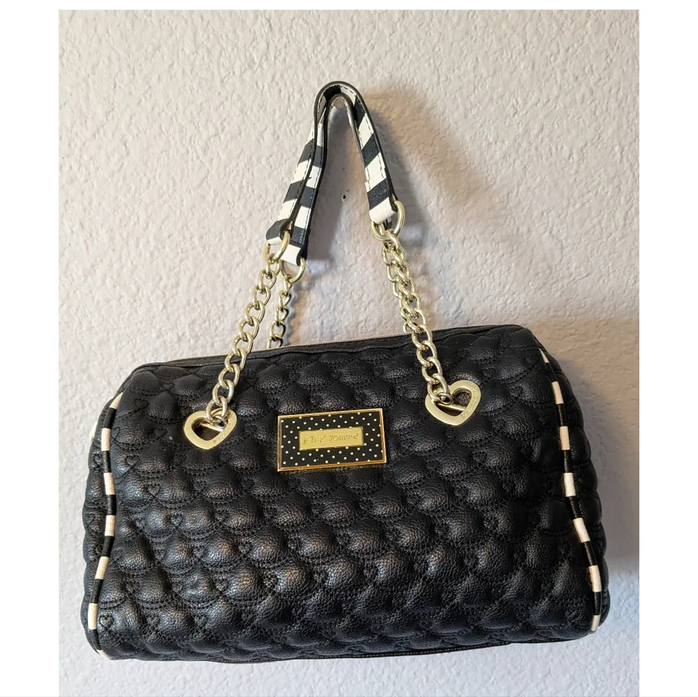 Betsey Johnson Black Quilted Barrel Satchel with Gold Chain Handles